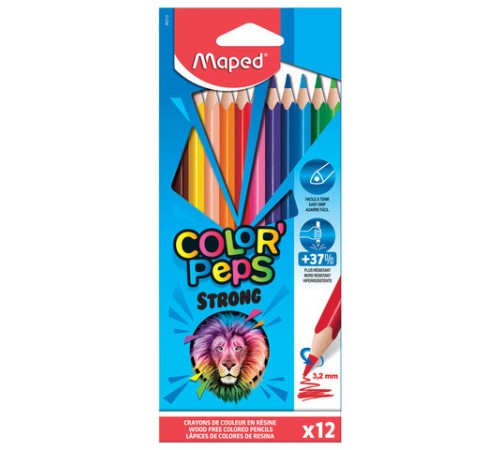 Карандаши цветные MAPED "COLOR PEP'S Strong", 12 цветов, трехгранные, грифель 3,2 мм, 862712 Карандаши цветные MAPED "COLOR PEP'S Strong", 12 цветов, трехгранные, грифель 3,2 мм, 862712