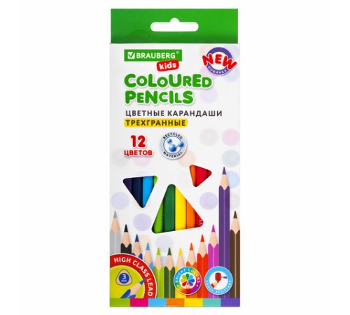 Карандаши цветные BRAUBERG KIDS NEW, 12 цветов, трехгранные, грифель 3 мм, 182001 Карандаши цветные BRAUBERG KIDS NEW, 12 цветов, трехгранные, грифель 3 мм, 182001