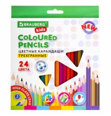Карандаши цветные BRAUBERG KIDS NEW, 24 цвета, трехгранные, грифель 3 мм, 182002