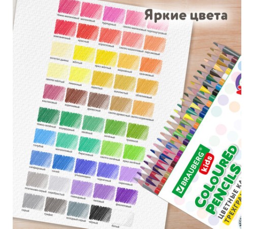 Карандаши цветные BRAUBERG KIDS NEW, 50 цветов, трехгранные, грифель 3 мм, 182004 Карандаши цветные BRAUBERG KIDS NEW, 50 цветов, трехгранные, грифель 3 мм, 182004