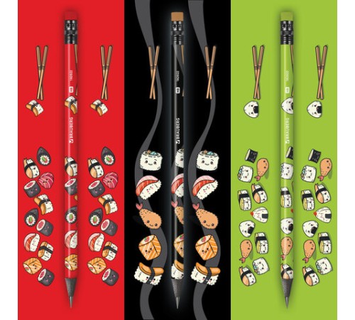 Карандаш чернографитный с принтом BRAUBERG "JAPAN FOOD", 1 шт., HB, с ластиком, корпус ассорти, 182022