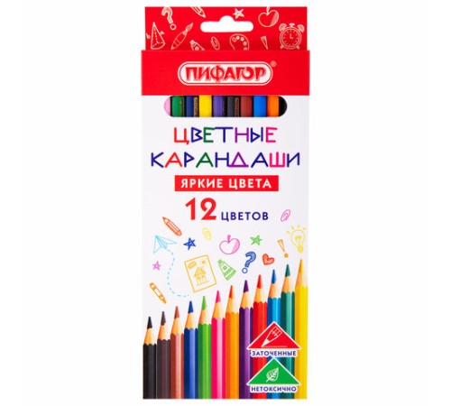 Карандаши цветные ПИФАГОР ЭКО "КЛАССИК", 12 цветов, шестигранные, 182048 Карандаши цветные ПИФАГОР ЭКО "КЛАССИК", 12 цветов, шестигранные, 182048