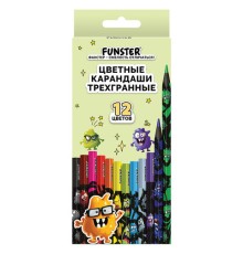 Карандаши цветные FUNSTER (ФАНСТЕР) МОНСТРИКИ, 12 цветов, черный корпус с принтом, трехгранные, 182065