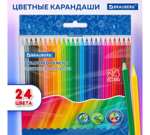 Карандаши цветные BRAUBERG, 24 цвета, цветной корпус, ПВХ-бокс, шестигранные, 182068