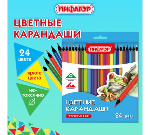 Карандаши цветные ПИФАГОР СТАНДАРТ 24 цвета, трехгранный корпус, 182088 Карандаши цветные ПИФАГОР СТАНДАРТ 24 цвета, трехгранный корпус, 182088