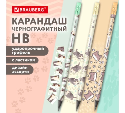 Карандаш чернографитный с принтом кросс-серия МИЛЫЕ КОТЫ, 1 шт., HB, ластик, ассорти, BRAUBERG, 182107 Карандаш чернографитный с принтом кросс-серия МИЛЫЕ КОТЫ, 1 шт., HB, ластик, ассорти, BRAUBERG, 182107