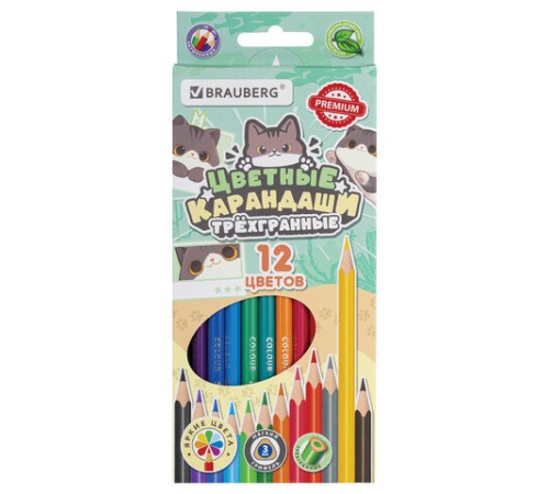 Карандаши цветные кросс-серия "МИЛЫЕ КОТЫ", 12 цветов, трехгранные, BRAUBERG, 182109 Карандаши цветные кросс-серия "МИЛЫЕ КОТЫ", 12 цветов, трехгранные, BRAUBERG, 182109