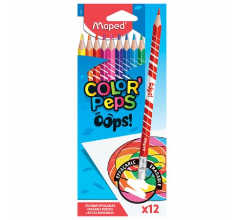 Карандаши цветные стираемые с ластиком MAPED (Франция) "Color'Peps Oops", 12 цветов, трехгранные, 832812