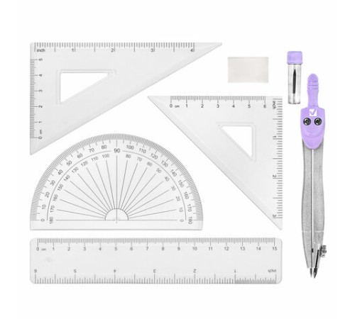 Готовальня BRAUBERG SCHOOL KIT, 8 предметов, циркуль 115 мм, чертежные принадлежности, лавандовый цвет, 210703