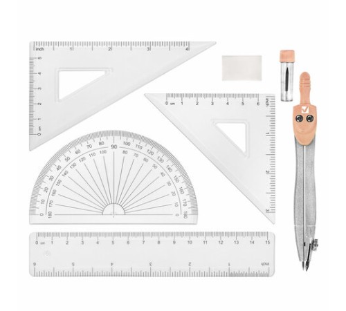 Готовальня BRAUBERG SCHOOL KIT, 8 предметов, циркуль 115 мм, чертежные принадлежности, персиковый цвет, 210704