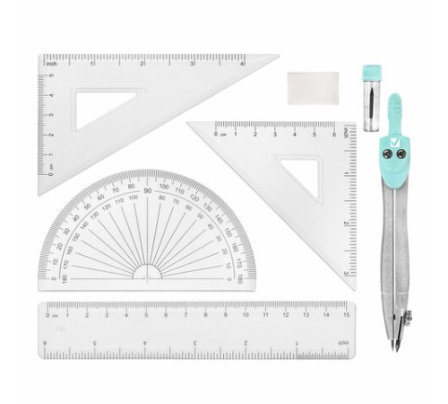 Готовальня BRAUBERG SCHOOL KIT, 8 предметов, циркуль 115 мм, чертежные принадлежности, мятный цвет, 210705