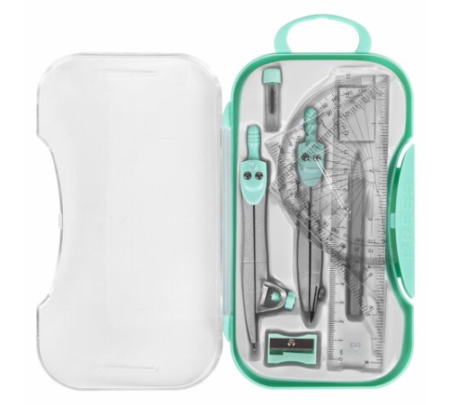 Готовальня BRAUBERG SCHOOL KIT, 11 предметов, циркуль 115 мм, циркуль 125 мм, чертежные принадлежности, мятный цвет, 210706
