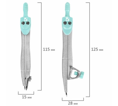 Готовальня BRAUBERG SCHOOL KIT, 11 предметов, циркуль 115 мм, циркуль 125 мм, чертежные принадлежности, мятный цвет, 210706
