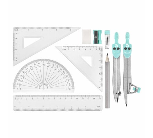 Готовальня BRAUBERG SCHOOL KIT, 11 предметов, циркуль 115 мм, циркуль 125 мм, чертежные принадлежности, мятный цвет, 210706