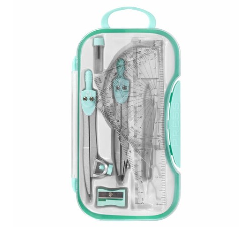 Готовальня BRAUBERG SCHOOL KIT, 11 предметов, циркуль 115 мм, циркуль 125 мм, чертежные принадлежности, мятный цвет, 210706