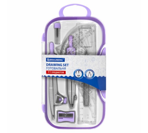 Готовальня BRAUBERG SCHOOL KIT, 11 предметов, циркуль 115 мм, циркуль 125 мм, чертежные принадлежности, лавандовый цвет, 210714 Готовальня BRAUBERG SCHOOL KIT, 11 предметов, циркуль 115 мм, циркуль 125 мм, чертежные принадлежности, лавандовый цвет, 210714