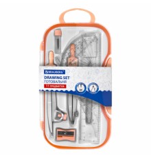 Готовальня BRAUBERG SCHOOL KIT, 11 предметов, циркуль 115 мм, циркуль 125 мм, чертежные принадлежности, персиковый цвет, 210717