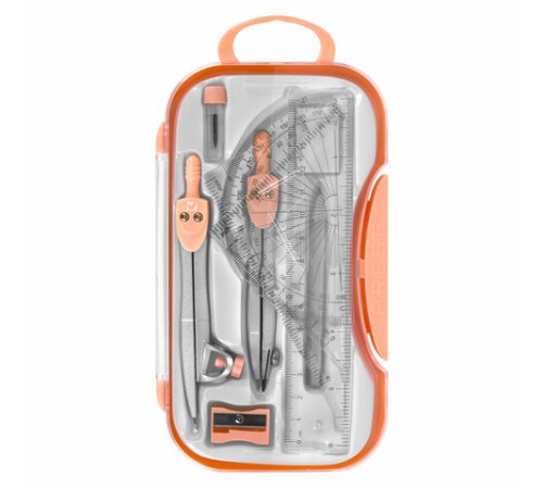 Готовальня BRAUBERG SCHOOL KIT, 11 предметов, циркуль 115 мм, циркуль 125 мм, чертежные принадлежности, персиковый цвет, 210717