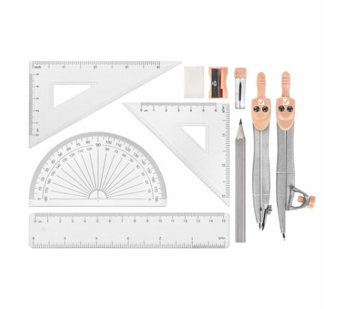 Готовальня BRAUBERG SCHOOL KIT, 11 предметов, циркуль 115 мм, циркуль 125 мм, чертежные принадлежности, персиковый цвет, 210717