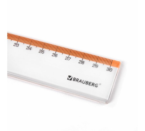 Линейка пластиковая 30 см BRAUBERG "FRESH ZONE", прозрачная, с оранжевой шкалой, 210759