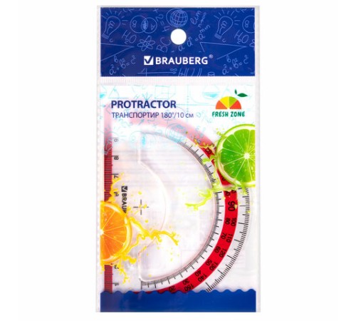 Транспортир 10 см BRAUBERG "FRESH ZONE", 180 градусов, пластик, прозрачный, красная шкала, 210760 Транспортир 10 см BRAUBERG "FRESH ZONE", 180 градусов, пластик, прозрачный, красная шкала, 210760