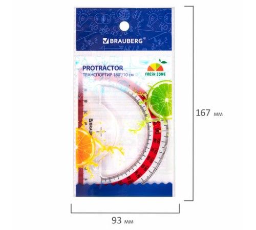 Транспортир 10 см BRAUBERG "FRESH ZONE", 180 градусов, пластик, прозрачный, красная шкала, 210760 Транспортир 10 см BRAUBERG "FRESH ZONE", 180 градусов, пластик, прозрачный, красная шкала, 210760