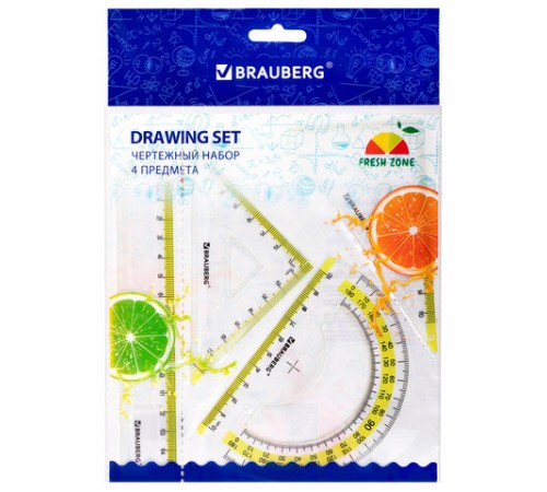 Набор чертежный малый BRAUBERG "FRESH ZONE" (линейка 15 см, 2 треугольника, транспортир), желтая шкала, 210762 Набор чертежный малый BRAUBERG "FRESH ZONE" (линейка 15 см, 2 треугольника, транспортир), желтая шкала, 210762