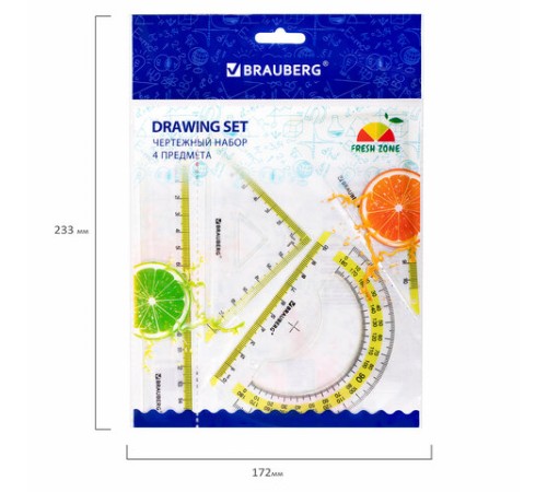 Набор чертежный малый BRAUBERG "FRESH ZONE" (линейка 15 см, 2 треугольника, транспортир), желтая шкала, 210762 Набор чертежный малый BRAUBERG "FRESH ZONE" (линейка 15 см, 2 треугольника, транспортир), желтая шкала, 210762