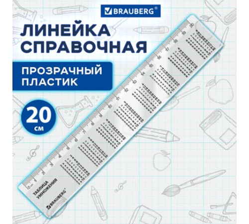 Линейка пластиковая 20 см, BRAUBERG, справочная, таблица умножения, 210832