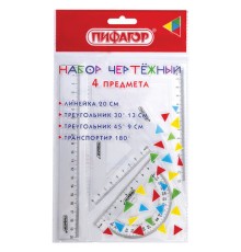 Набор чертежный ПИФАГОР (линейка 20 см, 2 треугольника, транспортир), прозрачный, 210852