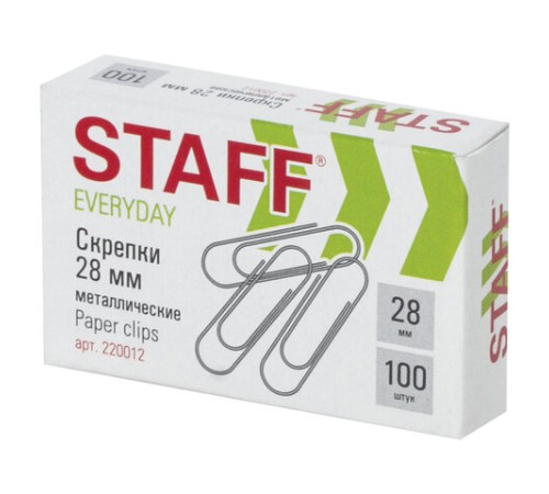 Скрепки STAFF "EVERYDAY", 28 мм, металлические, 100 шт., в картонной коробке, Россия, 220012 Скрепки STAFF "EVERYDAY", 28 мм, металлические, 100 шт., в картонной коробке, Россия, 220012