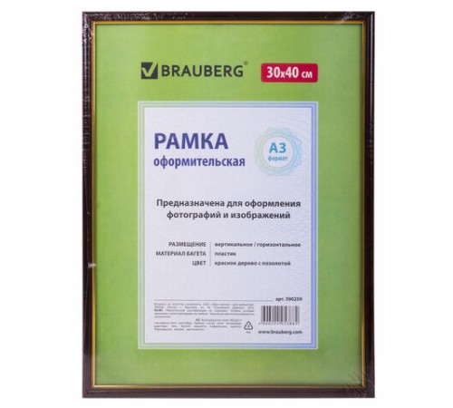 Рамка 30х40 см, пластик, багет 14 мм, BRAUBERG "HIT", красное дерево с позолотой, стекло, 390259 Рамка 30х40 см, пластик, багет 14 мм, BRAUBERG "HIT", красное дерево с позолотой, стекло, 390259
