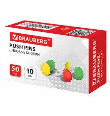 Кнопки канцелярские BRAUBERG, металлические, цветные, 10 мм, 50 шт., в картонной коробке, 220554
