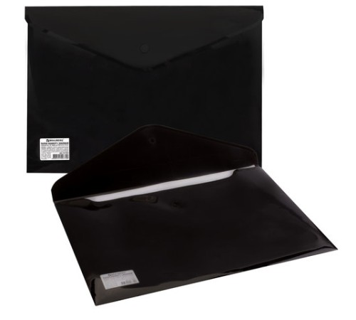 Папка-конверт с кнопкой BRAUBERG, А4, до 100 листов, непрозрачная, черная, СВЕРХПРОЧНАЯ 0,2 мм, 221361