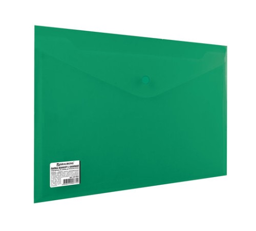 Папка-конверт с кнопкой BRAUBERG, А4, до 100 листов, непрозрачная, зеленая, СВЕРХПРОЧНАЯ 0,2 мм, 221363