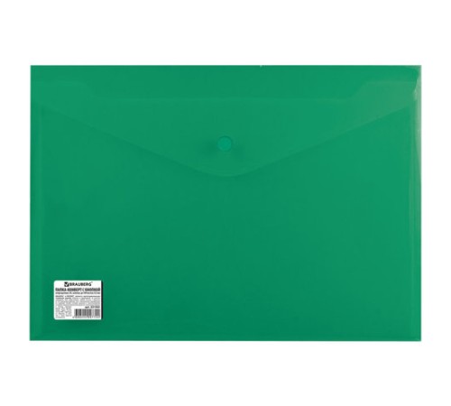 Папка-конверт с кнопкой BRAUBERG, А4, до 100 листов, непрозрачная, зеленая, СВЕРХПРОЧНАЯ 0,2 мм, 221363
