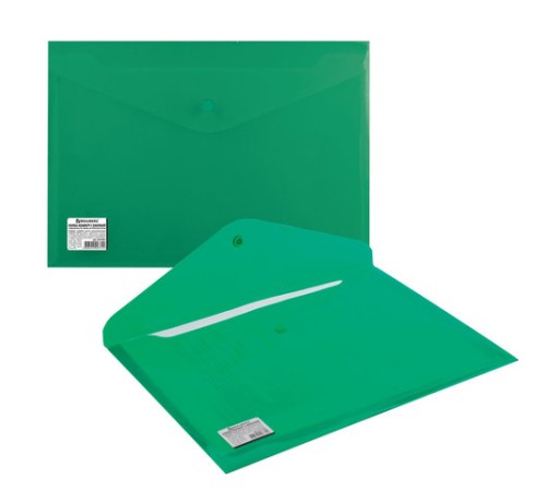 Папка-конверт с кнопкой BRAUBERG, А4, до 100 листов, непрозрачная, зеленая, СВЕРХПРОЧНАЯ 0,2 мм, 221363