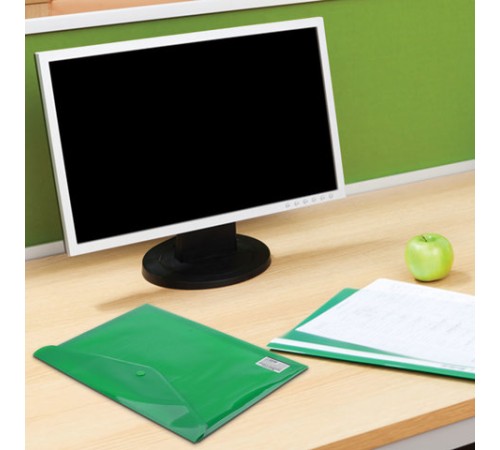 Папка-конверт с кнопкой BRAUBERG, А4, до 100 листов, непрозрачная, зеленая, СВЕРХПРОЧНАЯ 0,2 мм, 221363