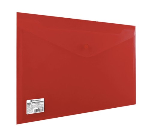 Папка-конверт с кнопкой BRAUBERG, А4, до 100 листов, непрозрачная, красная, СВЕРХПРОЧНАЯ 0,2 мм, 221364