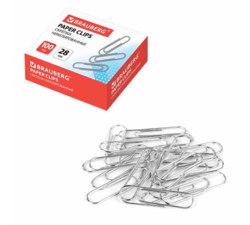 Скрепки BRAUBERG, 28 мм, никелированные, 100 шт., в картонной коробке, Россия, 221523