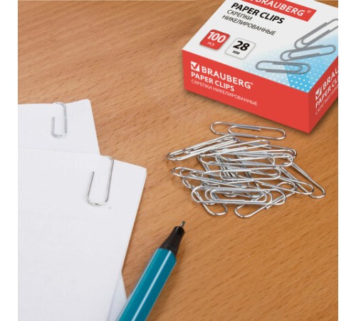 Скрепки BRAUBERG, 28 мм, никелированные, 100 шт., в картонной коробке, Россия, 221523