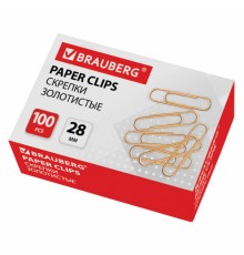 Скрепки BRAUBERG, 28 мм, золотистые, 100 шт., в картонной коробке, 221529