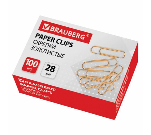 Скрепки BRAUBERG, 28 мм, золотистые, 100 шт., в картонной коробке, 221529