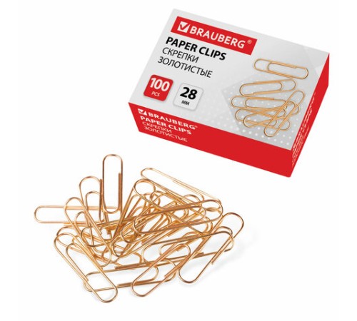 Скрепки BRAUBERG, 28 мм, золотистые, 100 шт., в картонной коробке, 221529
