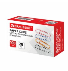 Скрепки BRAUBERG, 28 мм с цветными полосками, 100 шт., в картонной коробке, 221534