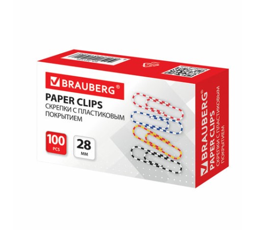 Скрепки BRAUBERG, 28 мм с цветными полосками, 100 шт., в картонной коробке, 221534