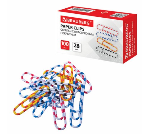 Скрепки BRAUBERG, 28 мм с цветными полосками, 100 шт., в картонной коробке, 221534
