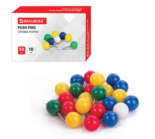 Силовые кнопки-гвоздики BRAUBERG, цветные (шарики), 50 шт., в картонной коробке, 221550