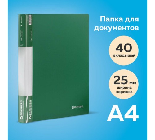 Папка 40 вкладышей BRAUBERG стандарт, зеленая, 0,7 мм, 221601
