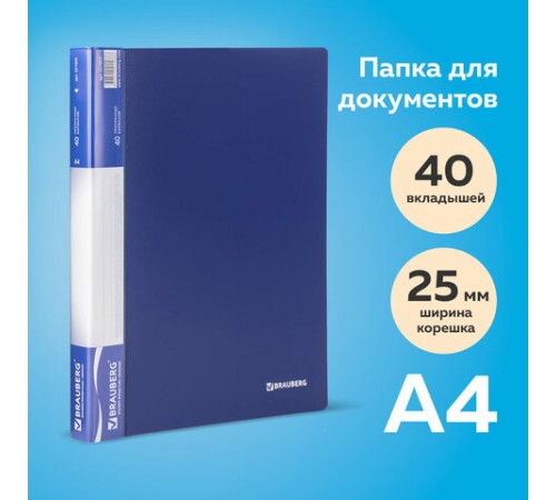 Папка 40 вкладышей BRAUBERG стандарт, синяя, 0,7 мм, 221603